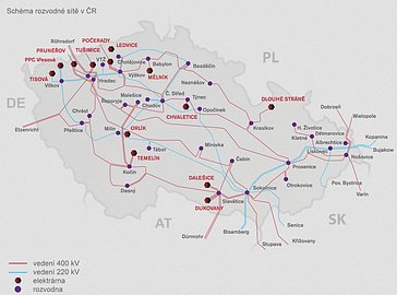 Schema rozvodné sítě v ČR provozované společností ČEPS. Rozvodna na pražském Chodově je jednou ze čtyř hlavních uzlů, ze kterých putuje elektrická energie do Prahy.