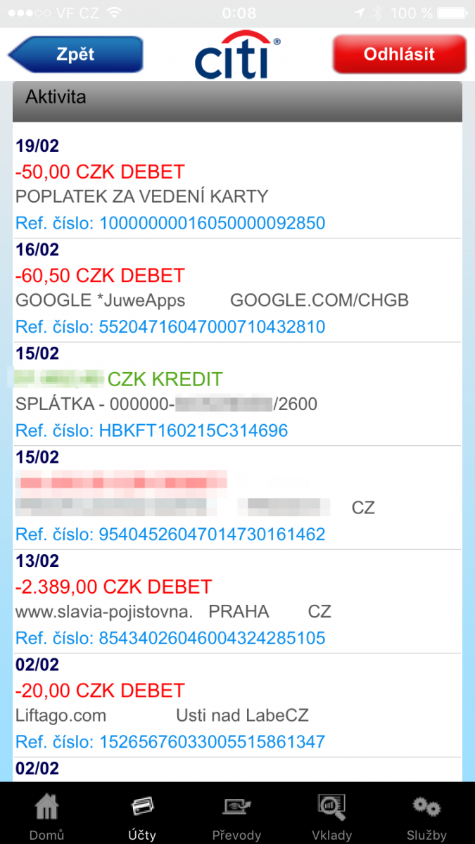 Mobilní aplikace pro iOS. Transakční historie na kreditce.