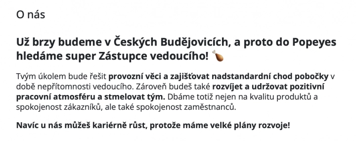 Popeyes hledá zástupce vedoucího pro České Budějovice