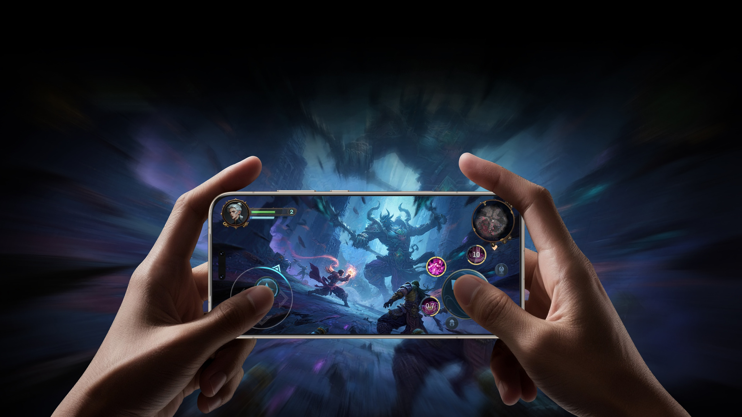 HONOR Magic8 Pro držený na šířku při hraní akční hry.