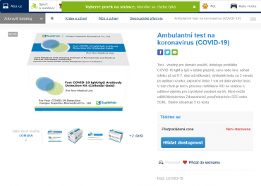 E-shop nabízí objednání ambulantních testů na koronavirus. Cenovka zatím chybí. (17. 3. 2020)