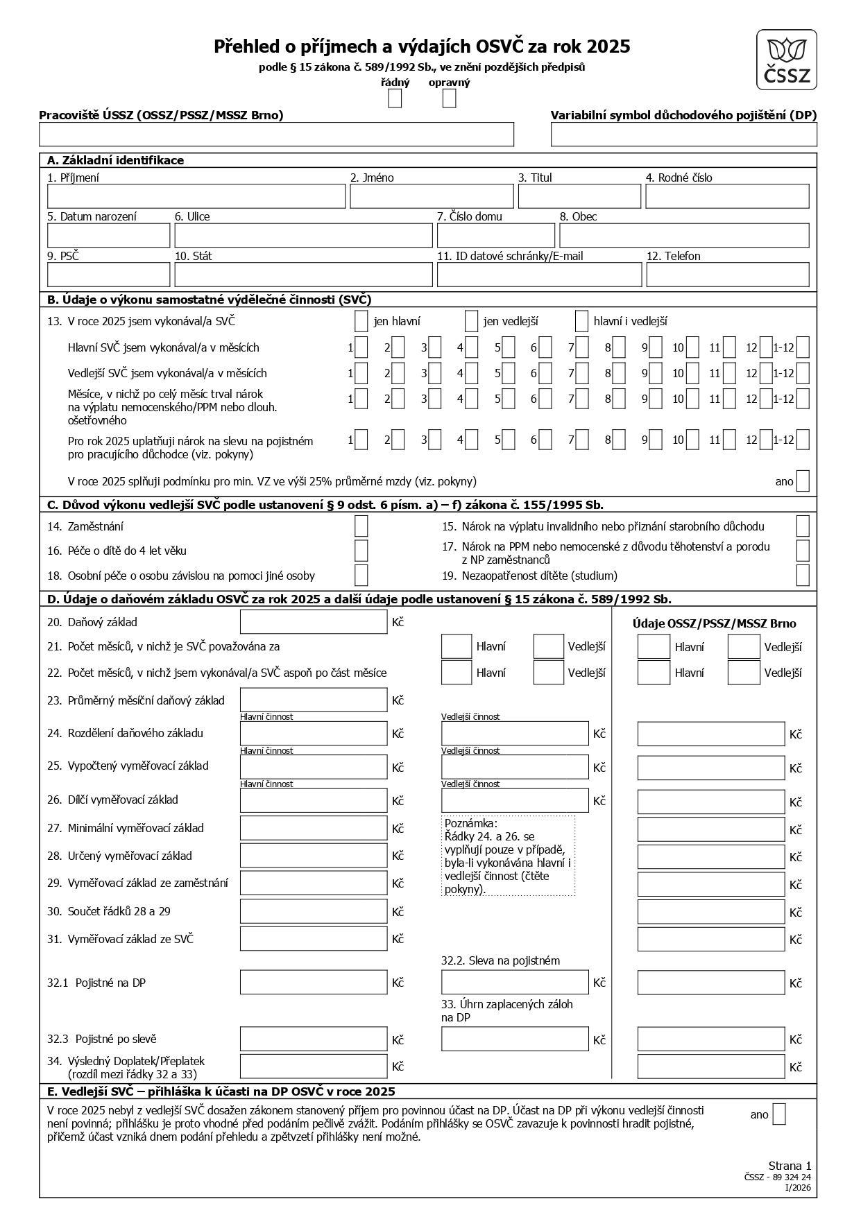 Ukázka formuláře s přehledem příjmů a výdajů OSVČ