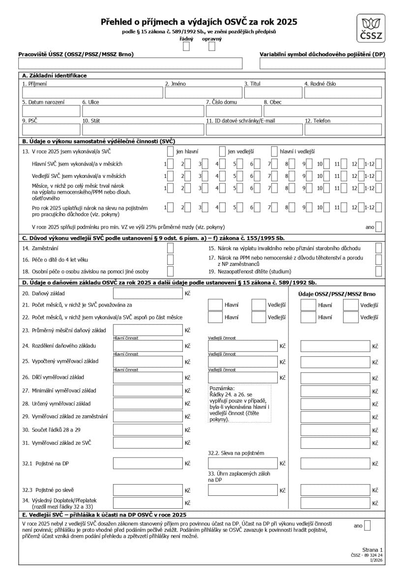 Ukázka formuláře s přehledem příjmů a výdajů OSVČ