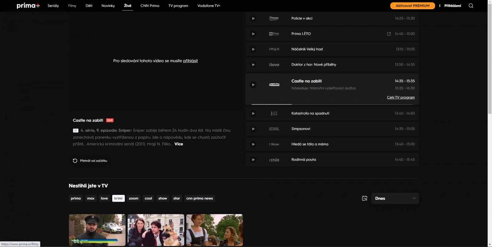 Screenshot živého vysílání kanálu Prima Krimi pro nepřihlášeného uživatele, 22. 8. 2024