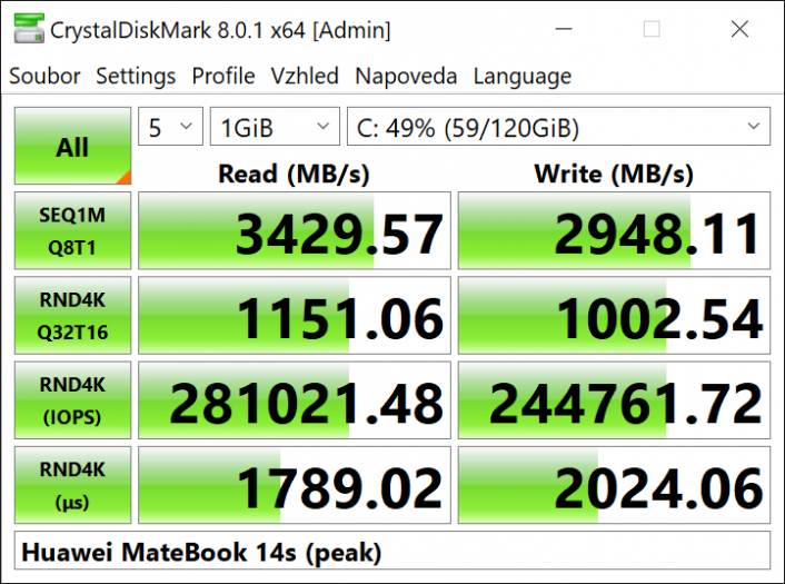 Huawei MateBook 14s CrystalDiskMark 20211112211300 peak