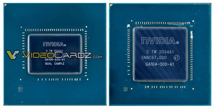 GA106 proti GA104 ve srovnání VideoCardz. Substrát má stejné rozměry ale čip na něm je menší