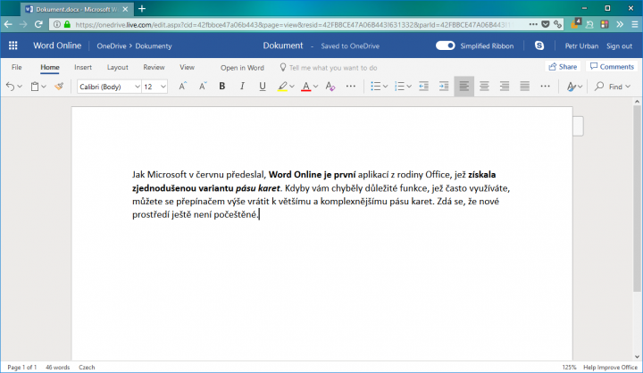 Word Online už jednodušší pás karet získal