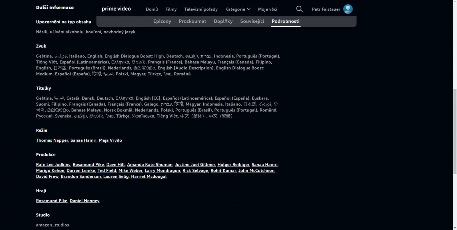 Informace o pořadech v Amazon Prime Video