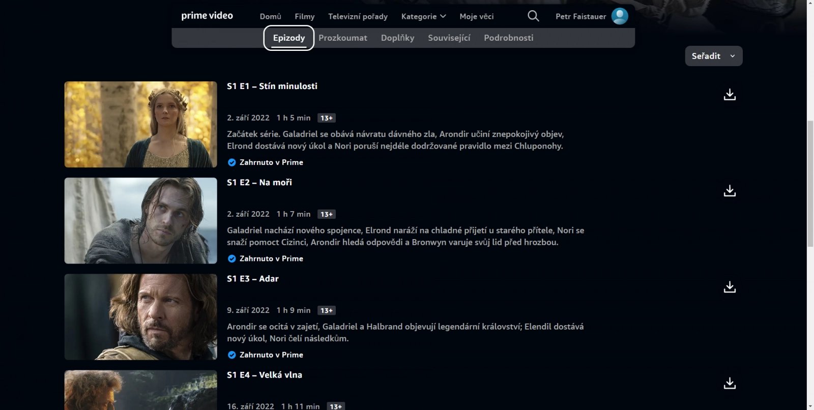 Informace o pořadech v Amazon Prime Video