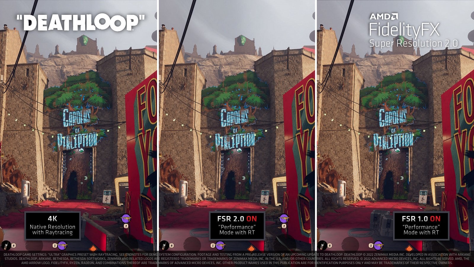 Srovnání nativního obrazu, FSR 1.0 a FSR 2.0 ve hře Deathloop