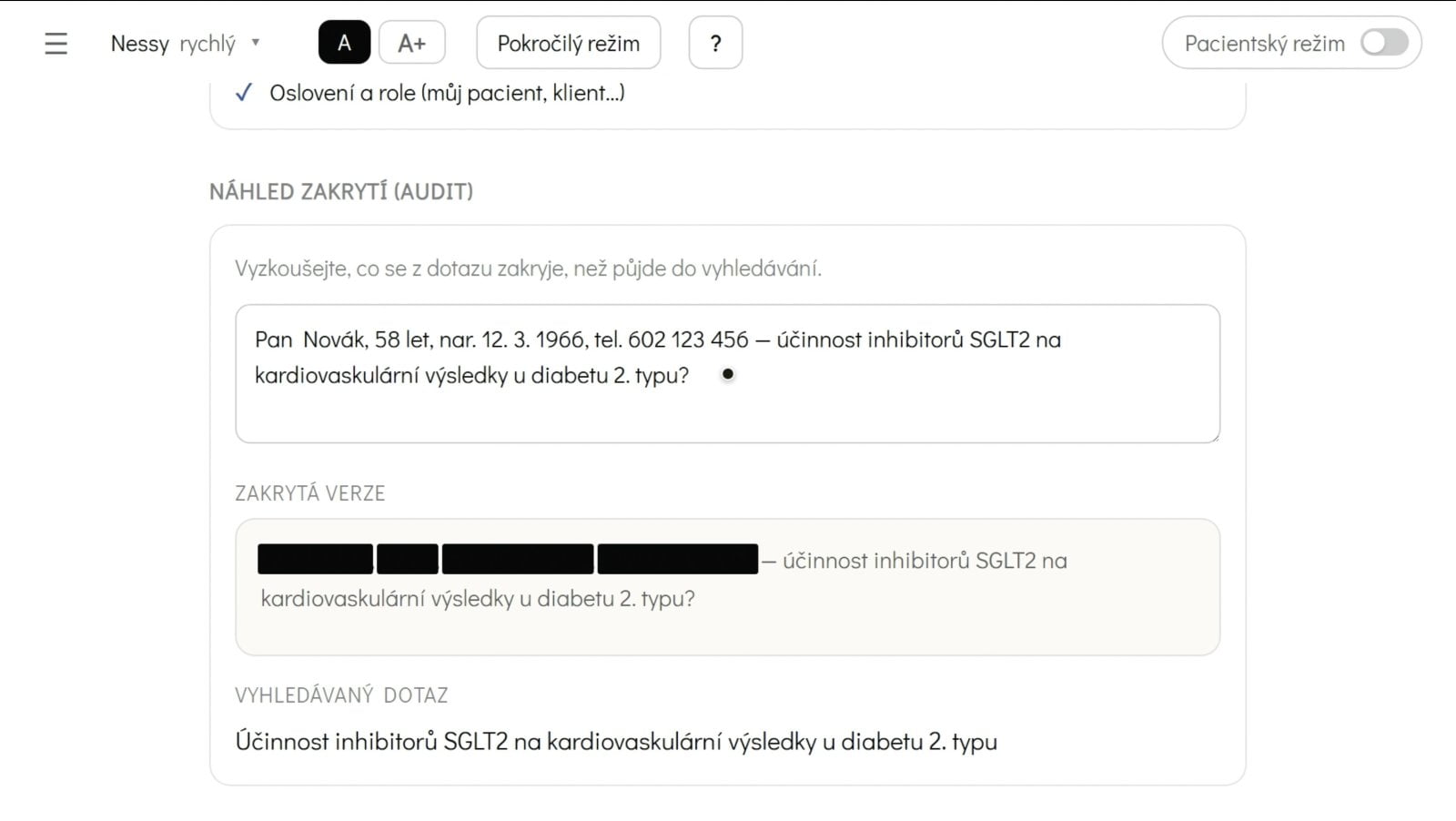 Ukázka rozhraní Nessesity - anonymizace dat
