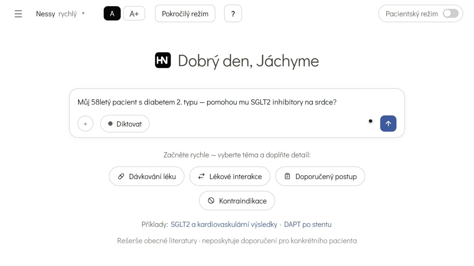 Ukázka rozhraní Nessesity - položení otázky