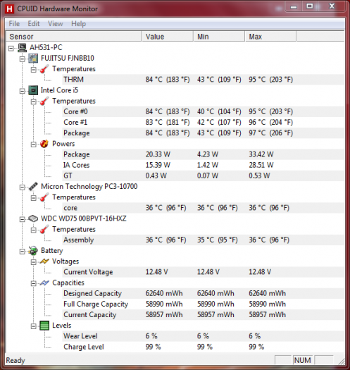 HWMonitor – min. a max. teploty