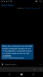 Varovná SMS o neobvyklé transakci kreditní kartou Hello bank! (17. 9. 2020, Microsoft Lumia 950 XL)