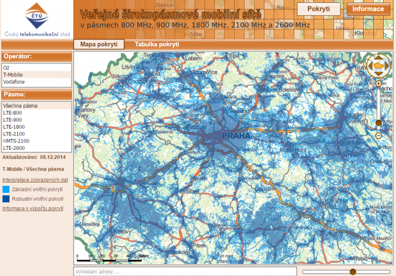 Mapa pokrytí LTE na stránkách ČTÚ