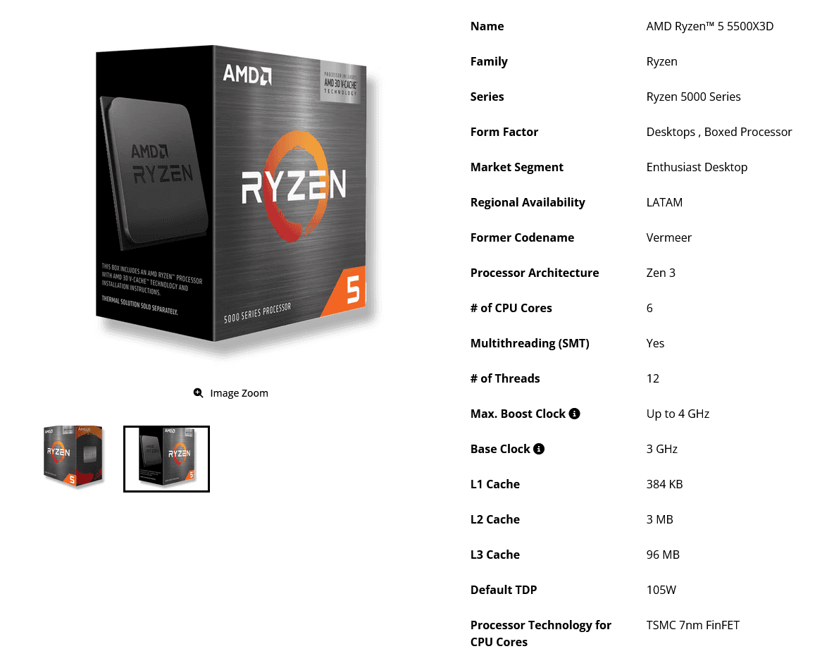 Specifikace procesoru Ryzen 5 5500X3D na webu AMD, uvádějící dostupnost v Latinské Americe