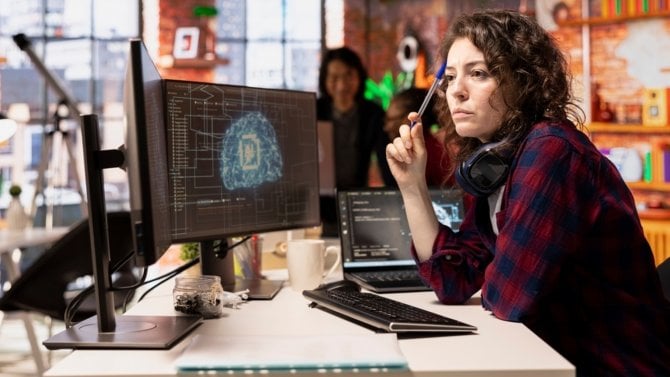 Žena zamyšleně sedí v kanceláří a na počítači má umělou inteligenci