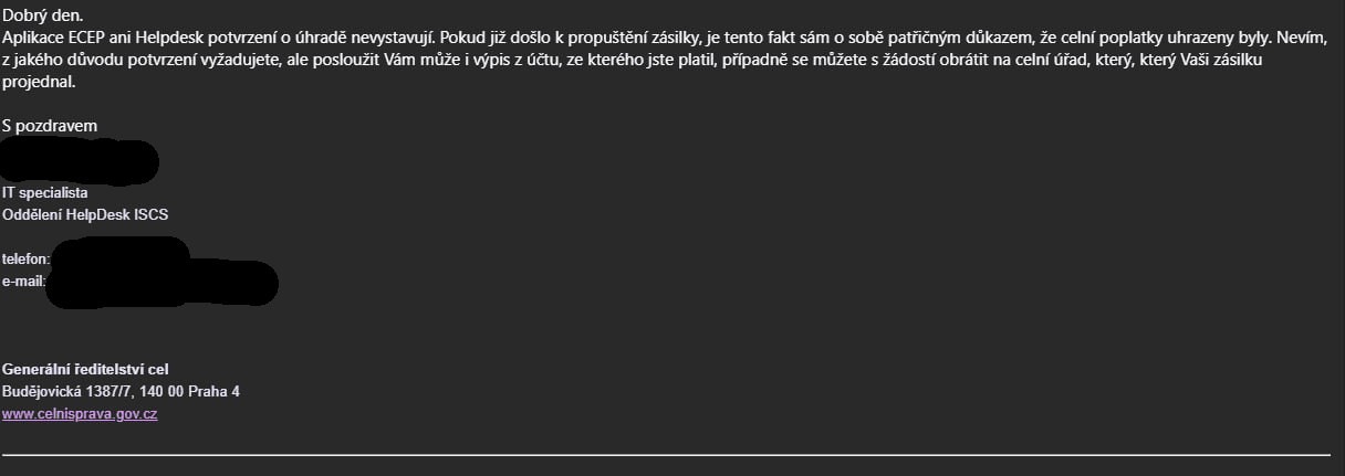 E-mail od Celní správy.