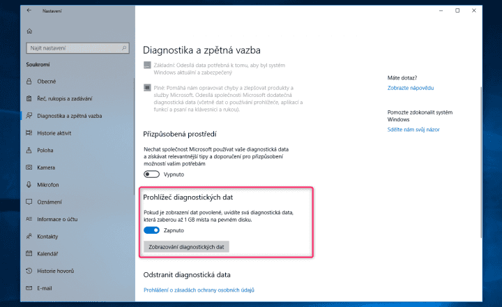 Když schválíte ukládání diagnostických dat, budete si je poté moct prohlédnout