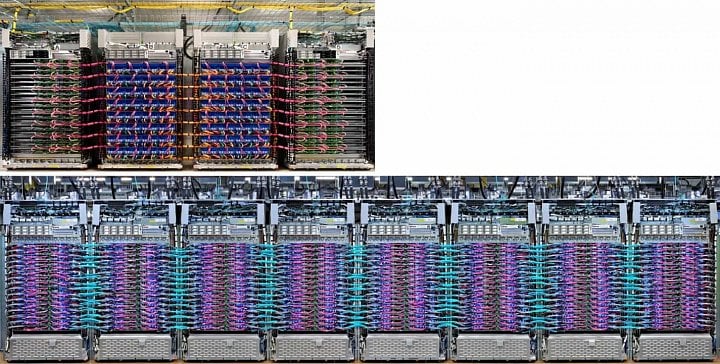 Podle The Next Platform by jeden pod čipů TPU 3.0 (dole) měl být složen ze dvojnásobného množství racků s deskami proti podům TPU 2.0 (nahoře), přičemž v racku je také dvakrát víc desek