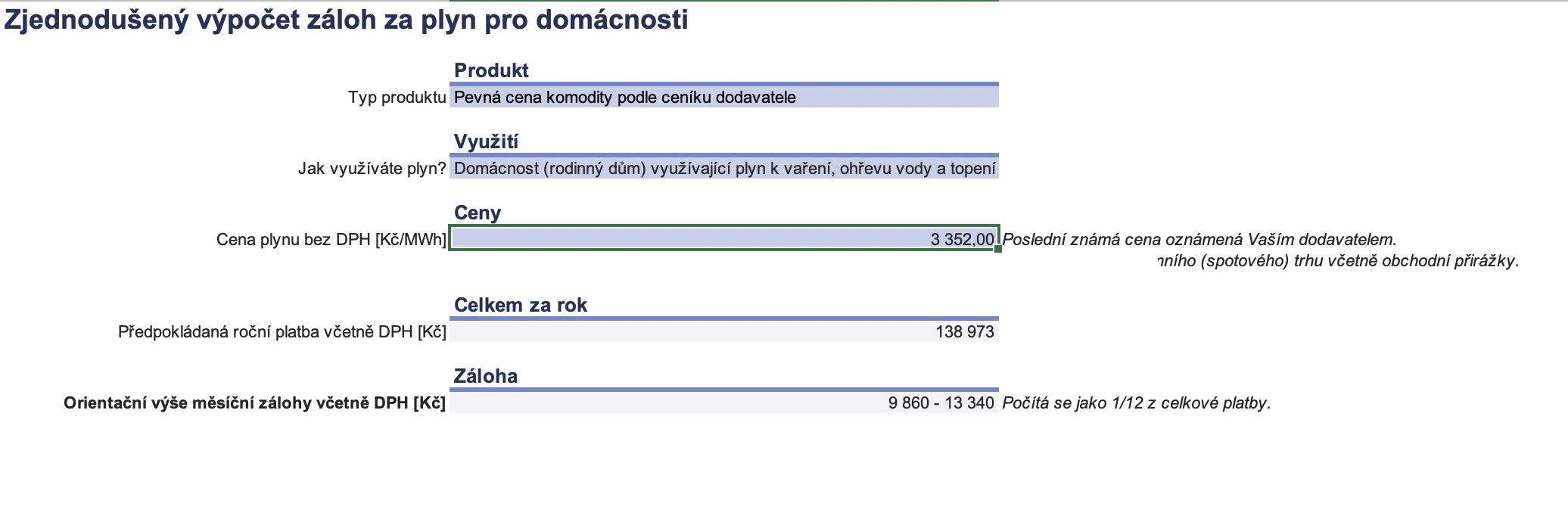 Zjednodušený výpočet záloh za plyn v domácnosti - kalkulačka ERÚ
