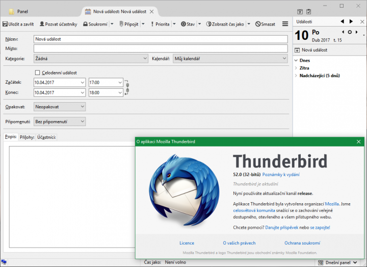 Thunderbird 52 umožňuje editovat události v panelu