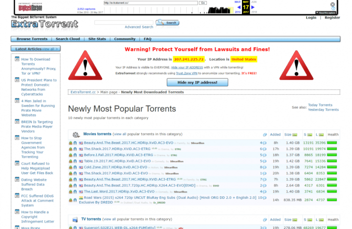 Poslední dochovaná podoba ExtraTorrentu ze 17. 5. 2017 (zdroj: Archive.org)