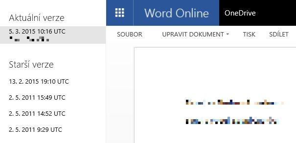 Rozhraní pro zobrazení historie verzí cloudové služby OneDrive