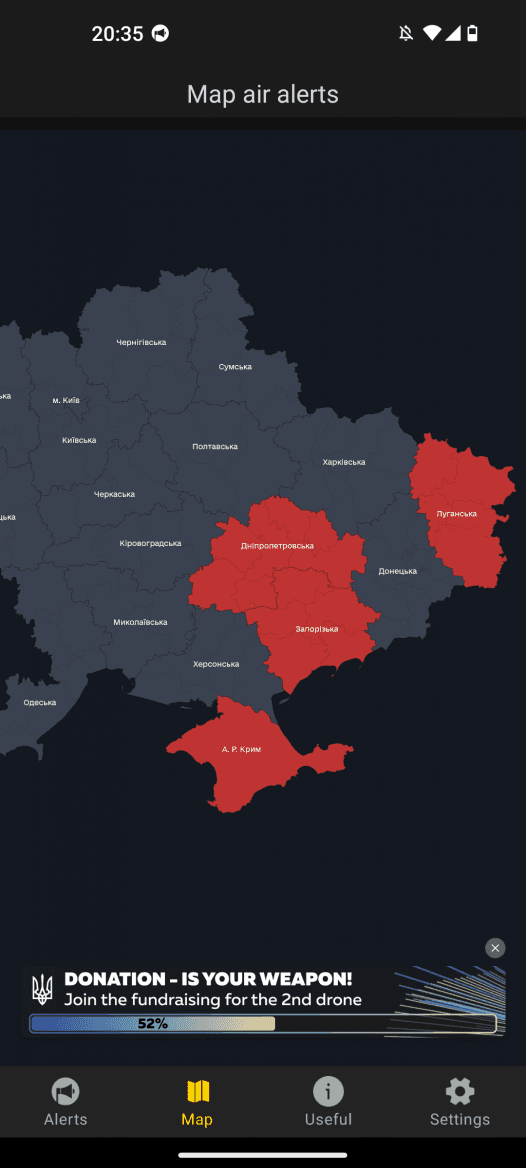 Ukrajinská aplikace Alert! upozorňující na ruské útoky