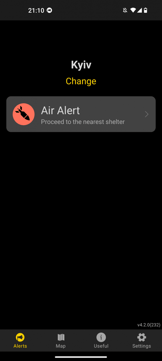 Ukrajinská aplikace Alert! upozorňující na ruské útoky