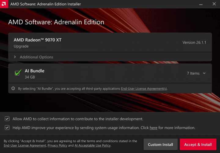 Volba AMD AI Bundle při instalaci ovladačů grafik Radeon