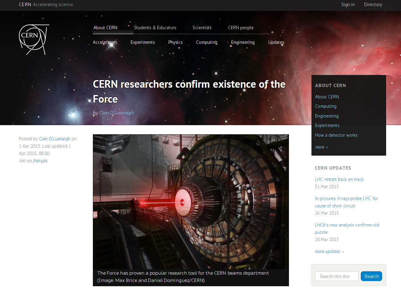 CERN oficiálně <a href="http://home.web.cern.ch/about/updates/2015/04/cern-researchers-confirm-existence-force">potvrdil exicenci síly</a>. Konečně víme, že mistr Yoda měl pravdu, když říkal: „Hlavní sílou ve vesmíru Síla je.“