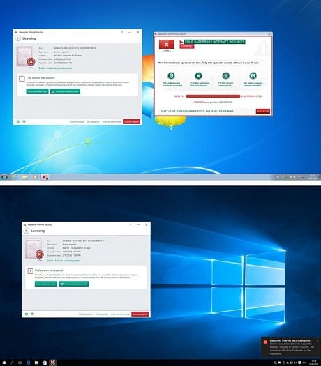 Kaspersky používá velká oznámení pro upozornění na vypršení licence antiviru, což prý v Desítkách nesmí (Foto: Kaspersky Lab)