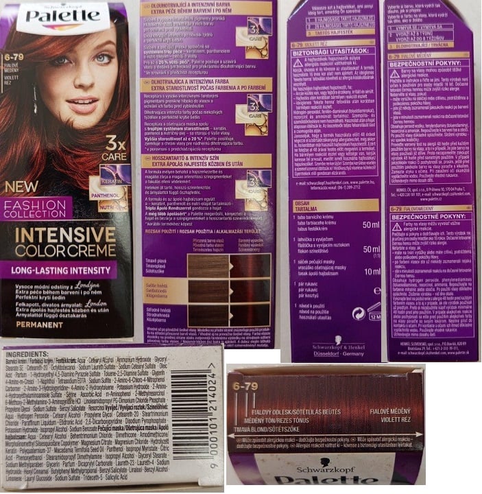 Stanovení nebezpečného výrobku: Schwarzkopf, Palette, INTENSIVE COLOR CREME, NEW FASHION COLLECTION, 6-79 FIALOVĚ MĚDĚNÝ, EAN: 9000101214024
