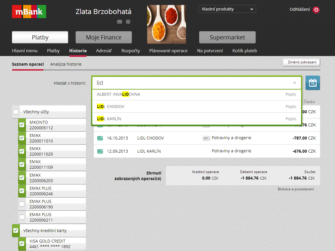 Internetové bankovnictví nabídne i funkci vyhledávání s našeptávačem. Umožňuje hledat transakce podle popisu, kategorie, tagu, částky nebo měny.
