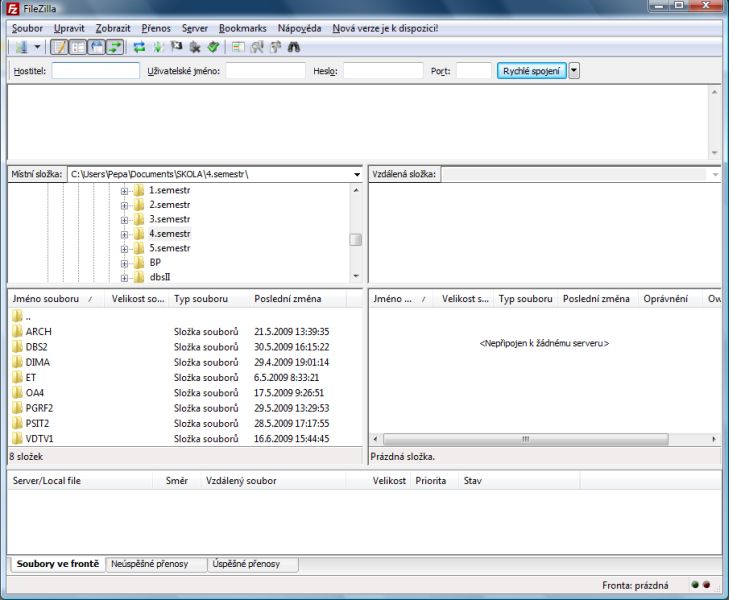 <p>Program FileZilla po spuštění - klasický vzhled souborového manažera s několika doplňky</p>