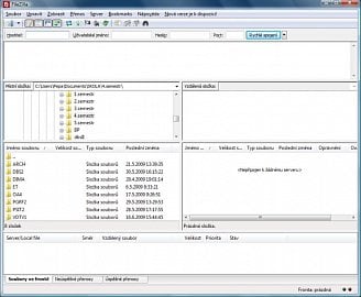 <p>Program FileZilla po spuštění - klasický vzhled souborového manažera s několika doplňky</p>