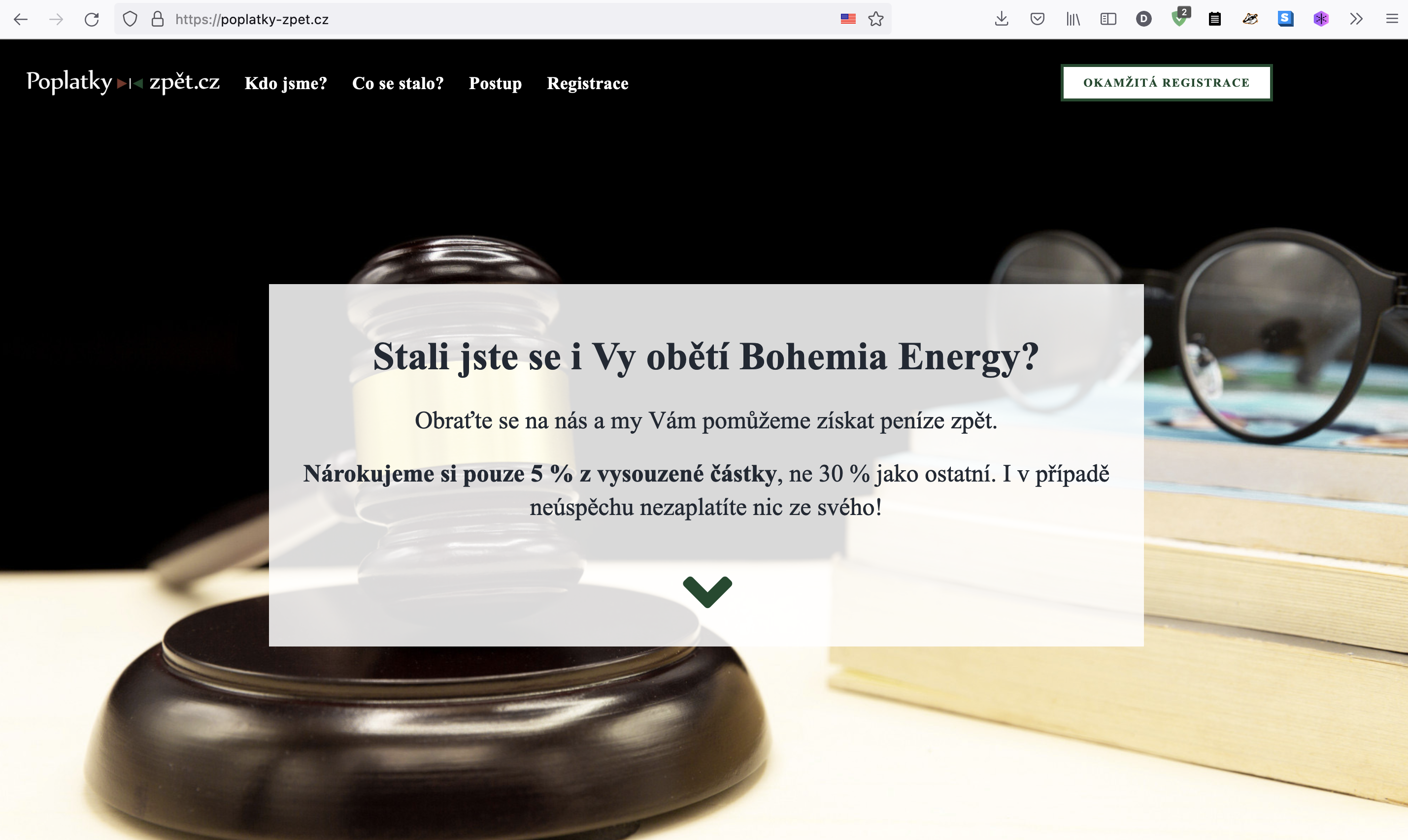 Nabídka právních služeb pro ex-klienty Bohemia Energy na webu poplatky-zpet.cz (24. 11. 2021)