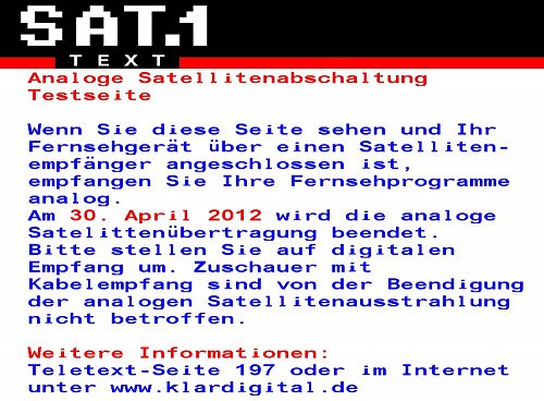 Takto bude vypadat teletextová strana 198 u programu Sat.1 v případě, že satelitní televizi přijímáte analogově.