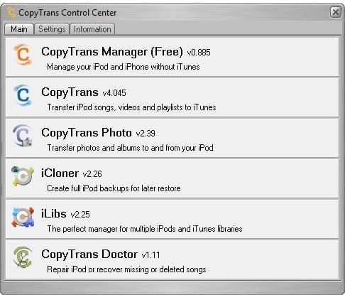<p>V Control Center si můžete vybrat i jinou aplikaci od tvůrců CopyTrans Manager </p>