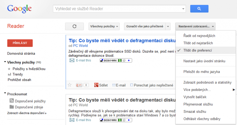 google reader - zoberazeni