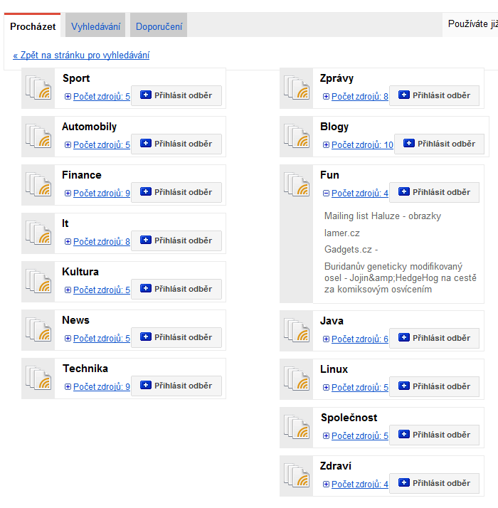 google reader - balicky zdroju