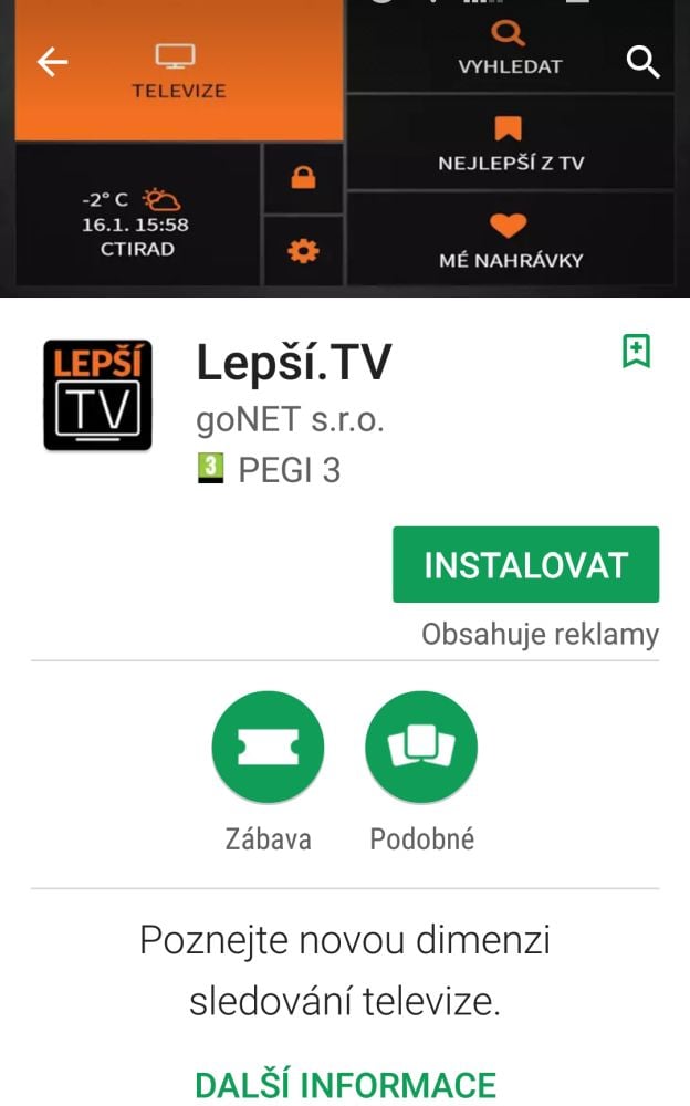 Lepší.TV v Google Store (mobil) - únor 2017