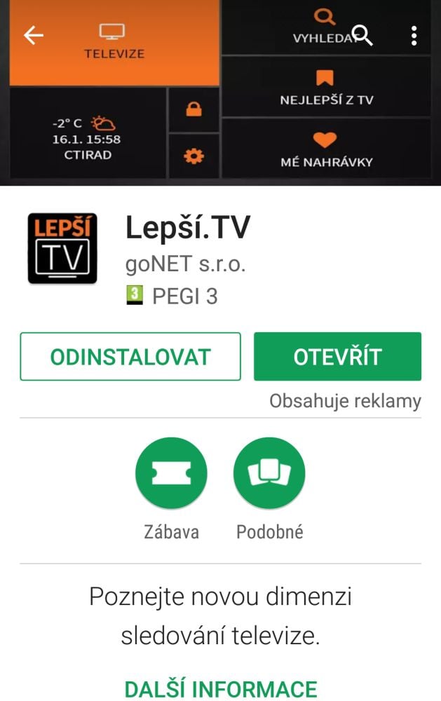 Lepší.TV v Google Store (mobil) - únor 2017