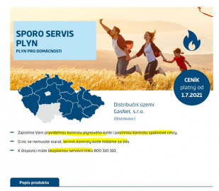 Ceník plynu dodavatele, který nakonec ukončil obchodní činnost a nedodržel své závazky. Barevným provedením nápadně připomíná banku, která prodej tohoto produktu svým klientům zprostředkovávala.