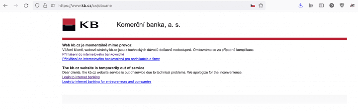 Nefunkční web Komerční banky, 30. 8. 2023, 10:00 hod.
