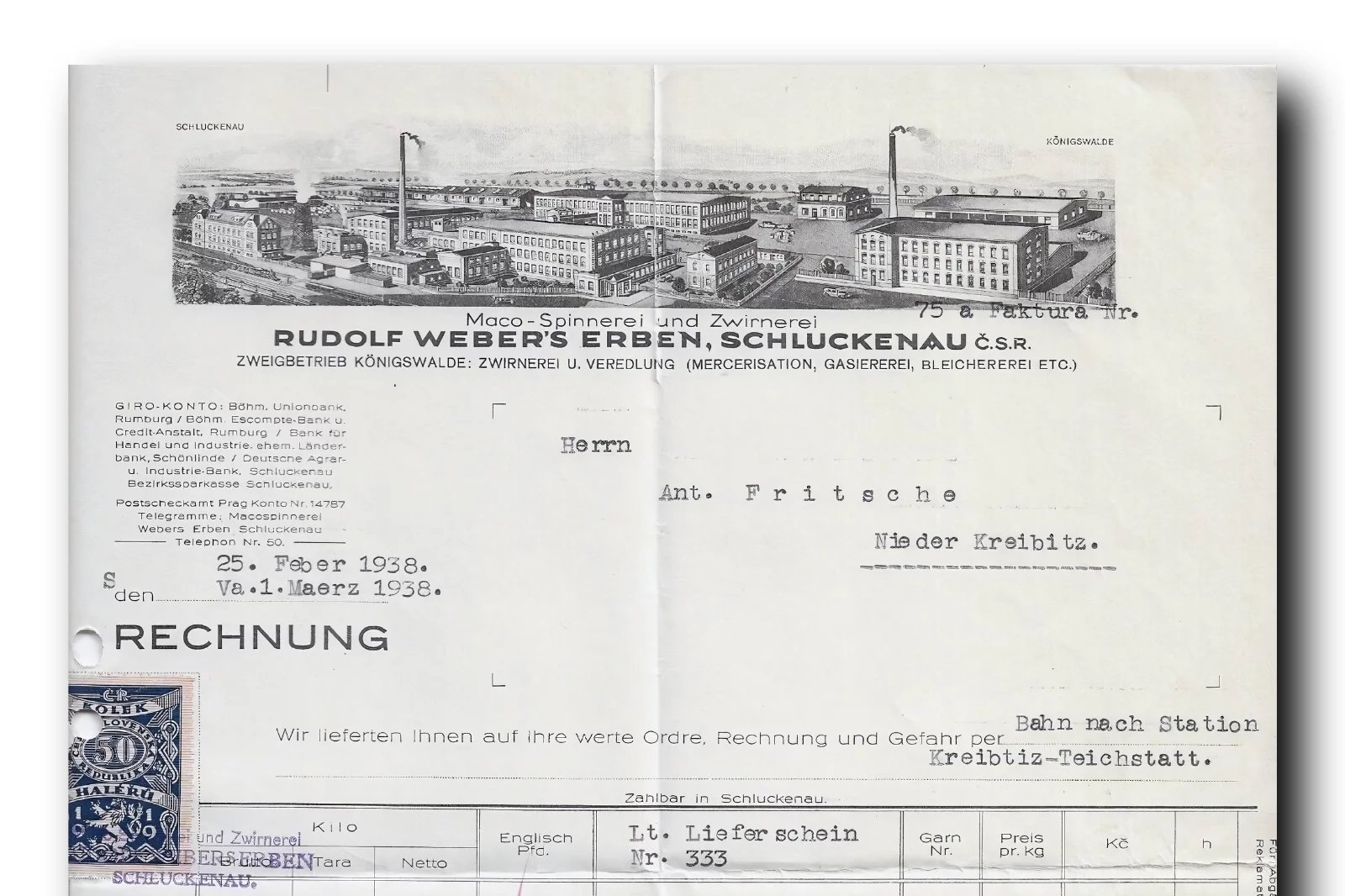 Kresba na faktuře zachycuje všechny budovy, které měla pletárna na několika místech v okolí Šluknova.