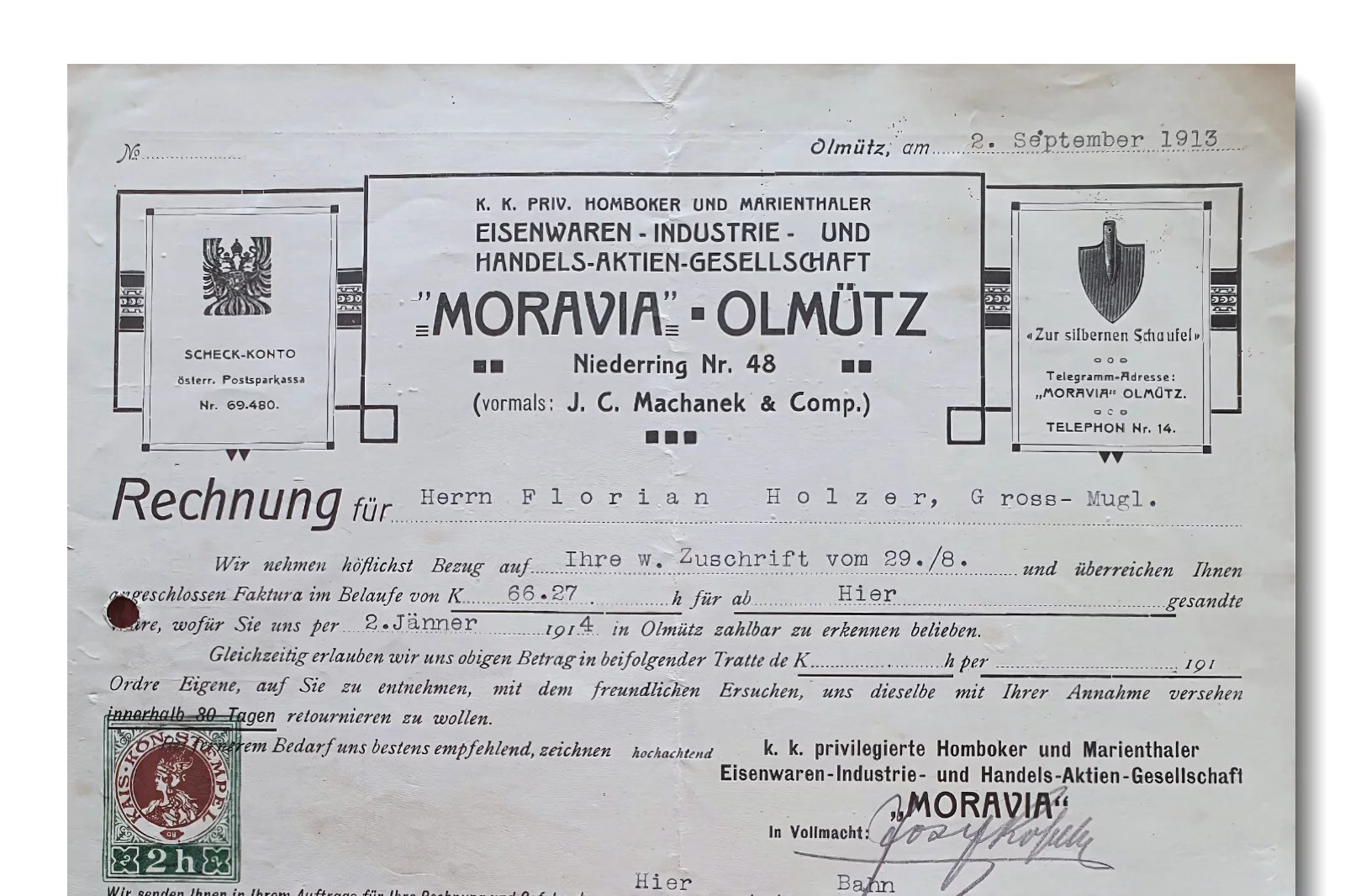 Společnost Homboker und Marienthaler Eisenwaren-Industrie und Handels-Aktien-Gesellschaft „Moravia” in Olmütz (česky Hlubočecká a Marientálská akciová společnost pro průmysl a obchod se železným zbožím „Moravia” v Olomouci) byla založena v roce 1870. Jejím dnešním nástupcem je společnost MORA MORAVIA.