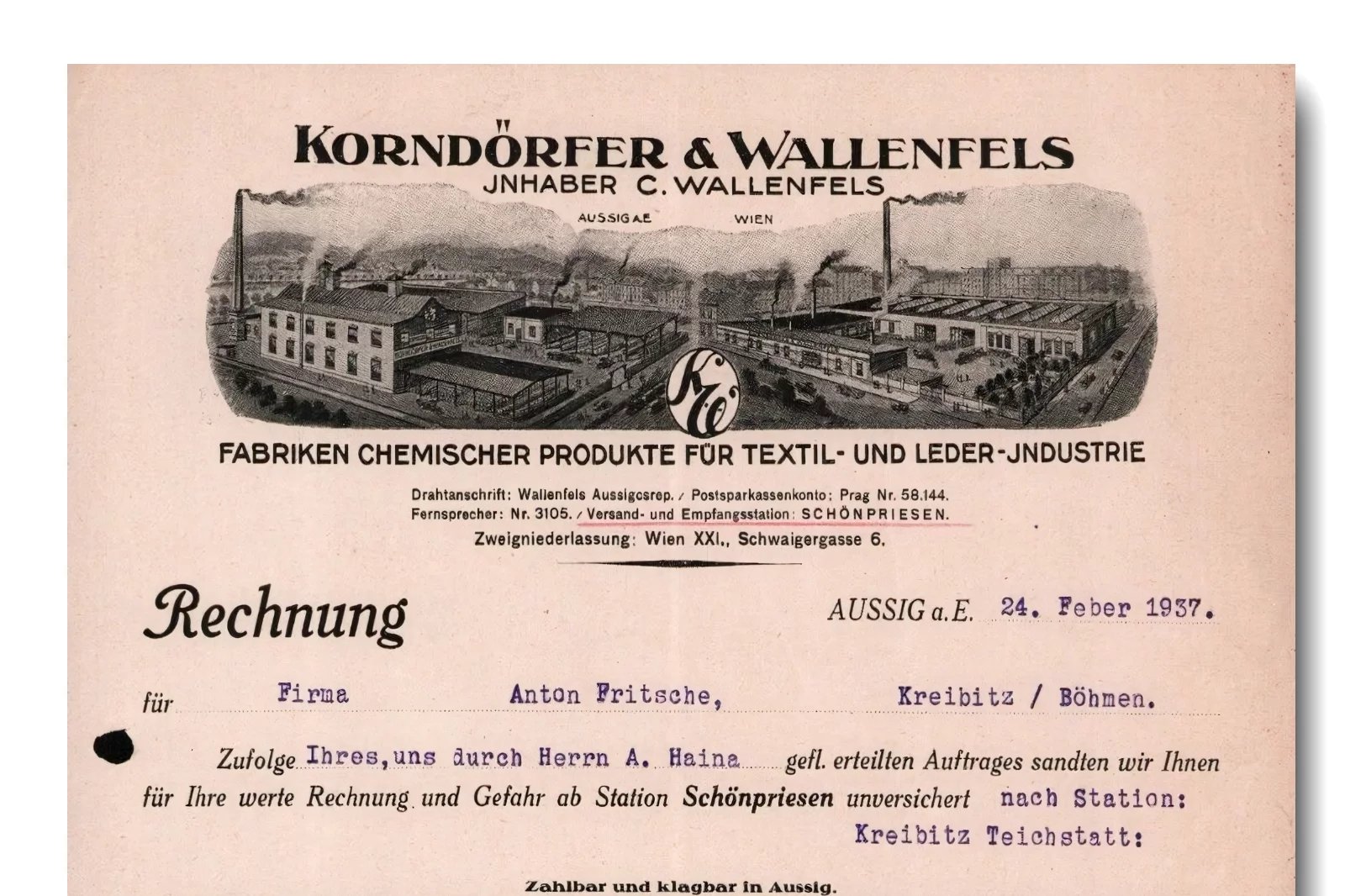 Továrna chemických produktů pro textil a kožedělný průmysl Korndörfer & Wallenfels existovala v letech 1907 až 1944.