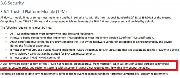 Dokumentace Microsoftu uvádí výjimku z požadavku na přítomnost TPM 2.0 v počítači